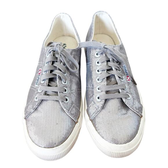 Superga Silver Metallic Sequin Platform Sneakers Sz 9 - Picture 3 of 7